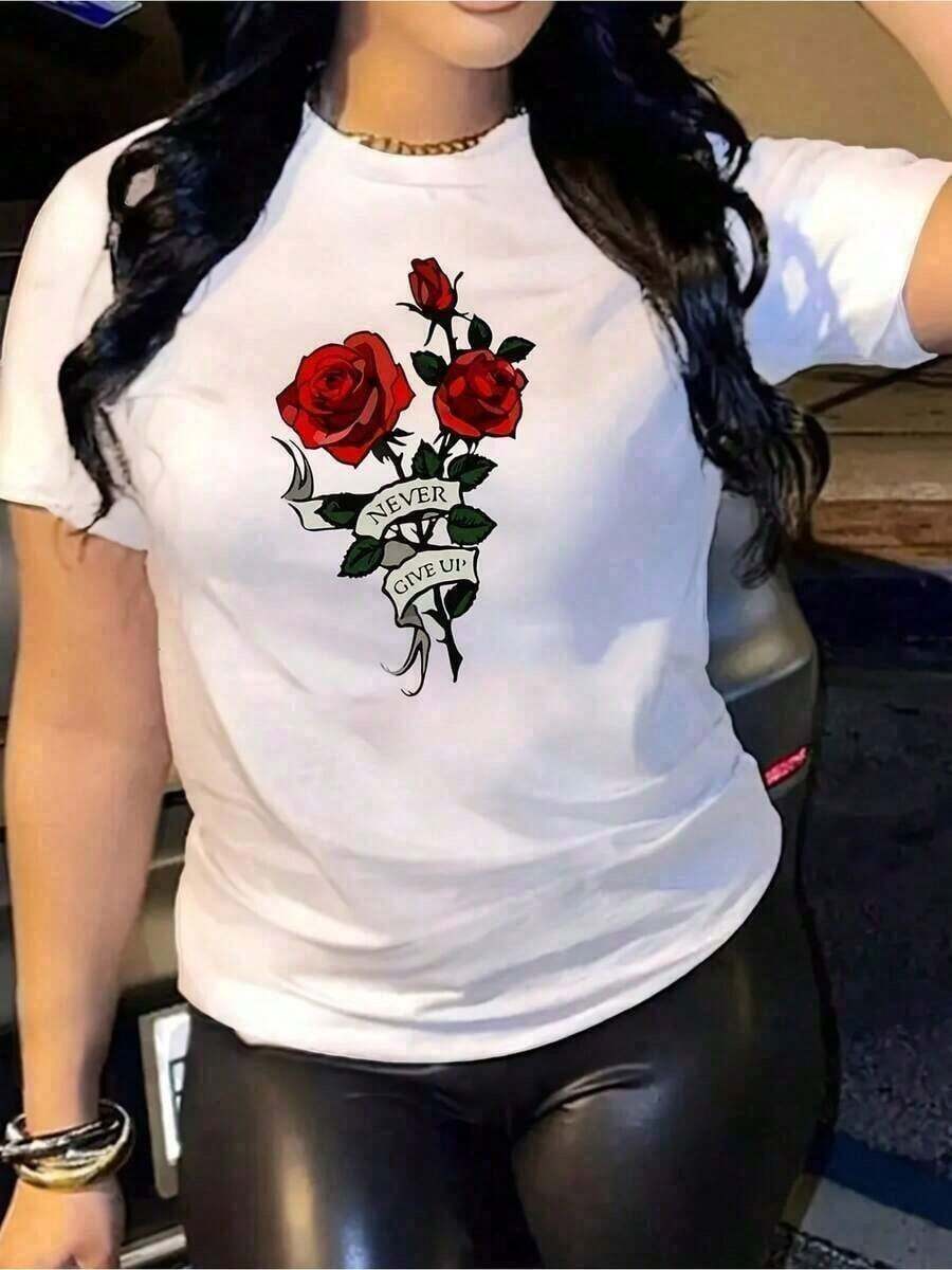 1 pieza de camiseta casual para mujer con estampado de rosas rojas - Top blanco de manga corta y cuello redondo, transpirable y cómodo para todas las estaciones, ropa casual de corte holgado, fácil de cuidar y versátil para usar en capas o como atuendo independiente, ropa de mujer, top de mujer, ropa de mujer económica, artículo de almacén local para mujer, ropa de mujer, top curvy plus, camiseta de mujer, ropa de mujer, top de mujer, ropa casual deportiva, athleisure, ropa de calle, cómoda y suave, tela transpirable, ligera, corte relajado, diseño clásico, estilo atemporal, conjuntos de verano para mujer, conjuntos de primavera para mujer, ropa de verano, ropa para el Día de San Patricio para mujer, primavera, conjuntos de primavera, primavera, ropa vintage para mujer, tops de verano para mujer, tops para mujer, ropa de mujer, ropa de primavera, tops lindos para - Blanco - Ver 1