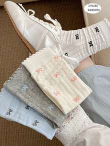 3 Pasang Kaos Kaki Wanita Tipis Minimalis Segar dengan Pita, Panjang Setengah Betis, Gaya Korea, Serbaguna, Bernapas, Anti Selip, Warna Acak - View 1