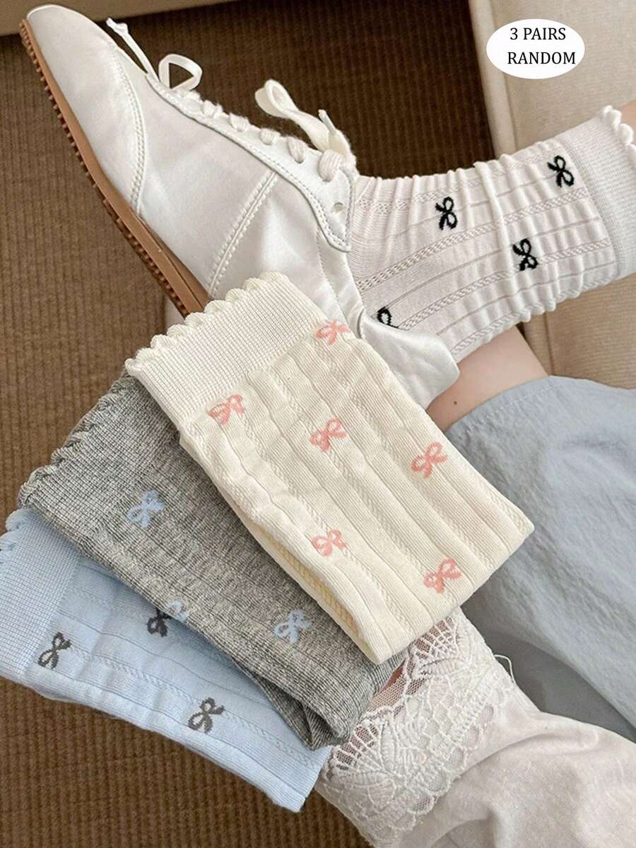 3 Pasang Kaos Kaki Wanita Tipis Minimalis Segar dengan Pita, Panjang Setengah Betis, Gaya Korea, Serbaguna, Bernapas, Anti Selip, Warna Acak - View 1