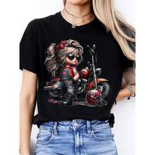 Black Short-Sleeved T-Shirt With Motorcycle Print And Heart Details, Elasticated Round Neck, Casual And Festive Style For Women - Bold Cartoon Design - 黑色 - 查看 1