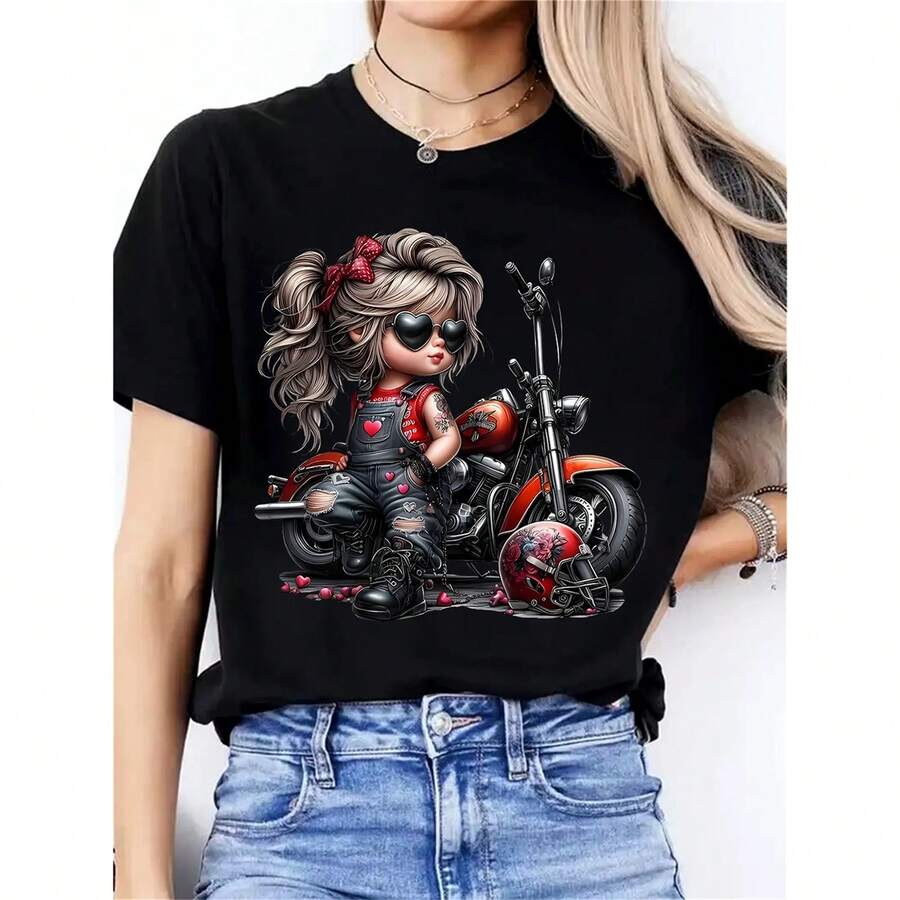 Black Short-Sleeved T-Shirt With Motorcycle Print And Heart Details, Elasticated Round Neck, Casual And Festive Style For Women - Bold Cartoon Design - 黑色 - 查看 1