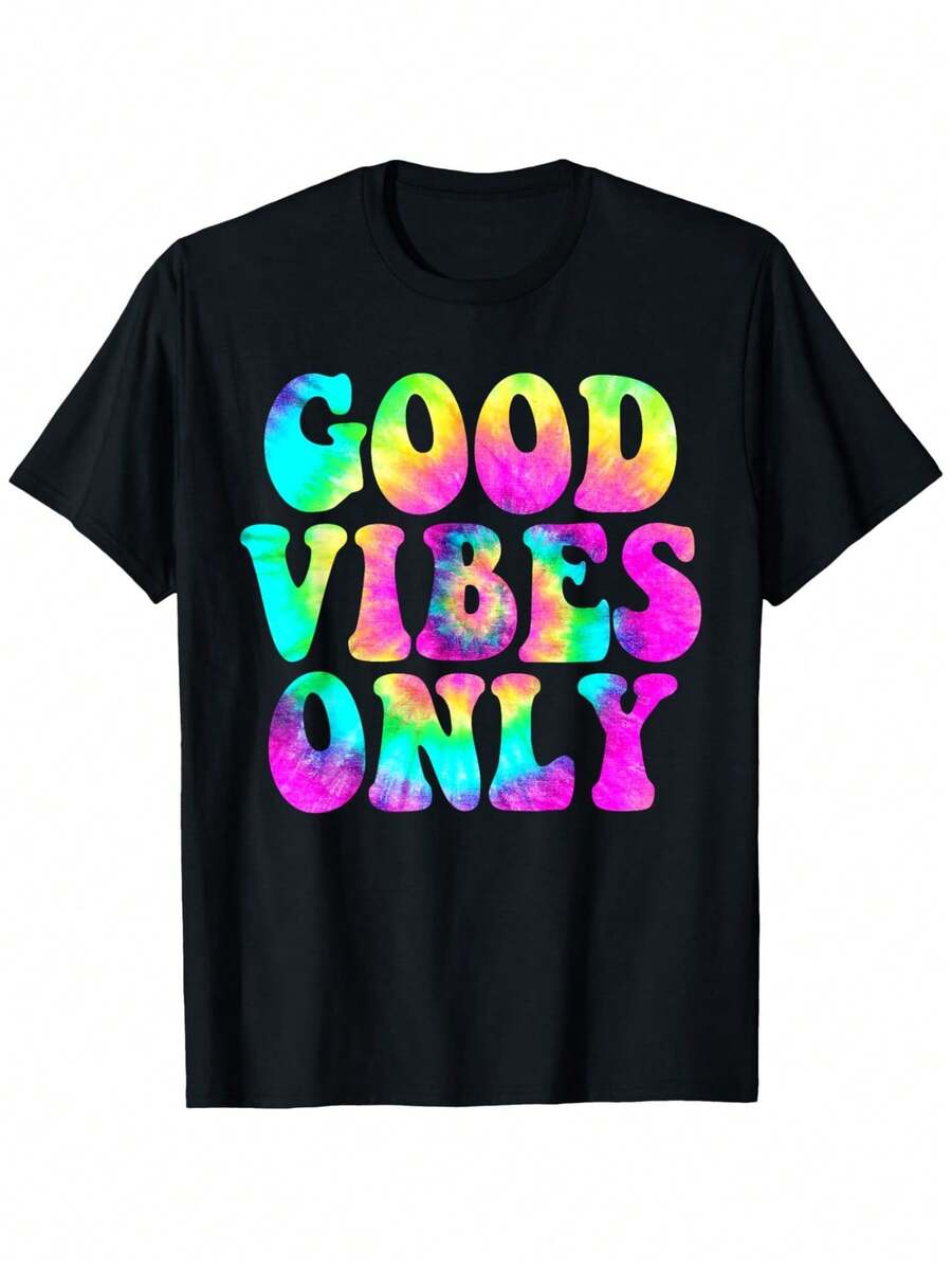 Talla Grande, Camiseta Oversize para Mujer Tallas 0XL-5XL - Top 100% Tie-Dye Psicodélico Arcoíris Estilo Bohemio con Estampado "Good Vibes Only", Cuello Redondo, Manga Corta, Ropa Casual de Playa Adecuada para Uso en Todas las Temporadas, Rosa/Morado/Verde/Azul/Negro - Negro - Ver 1