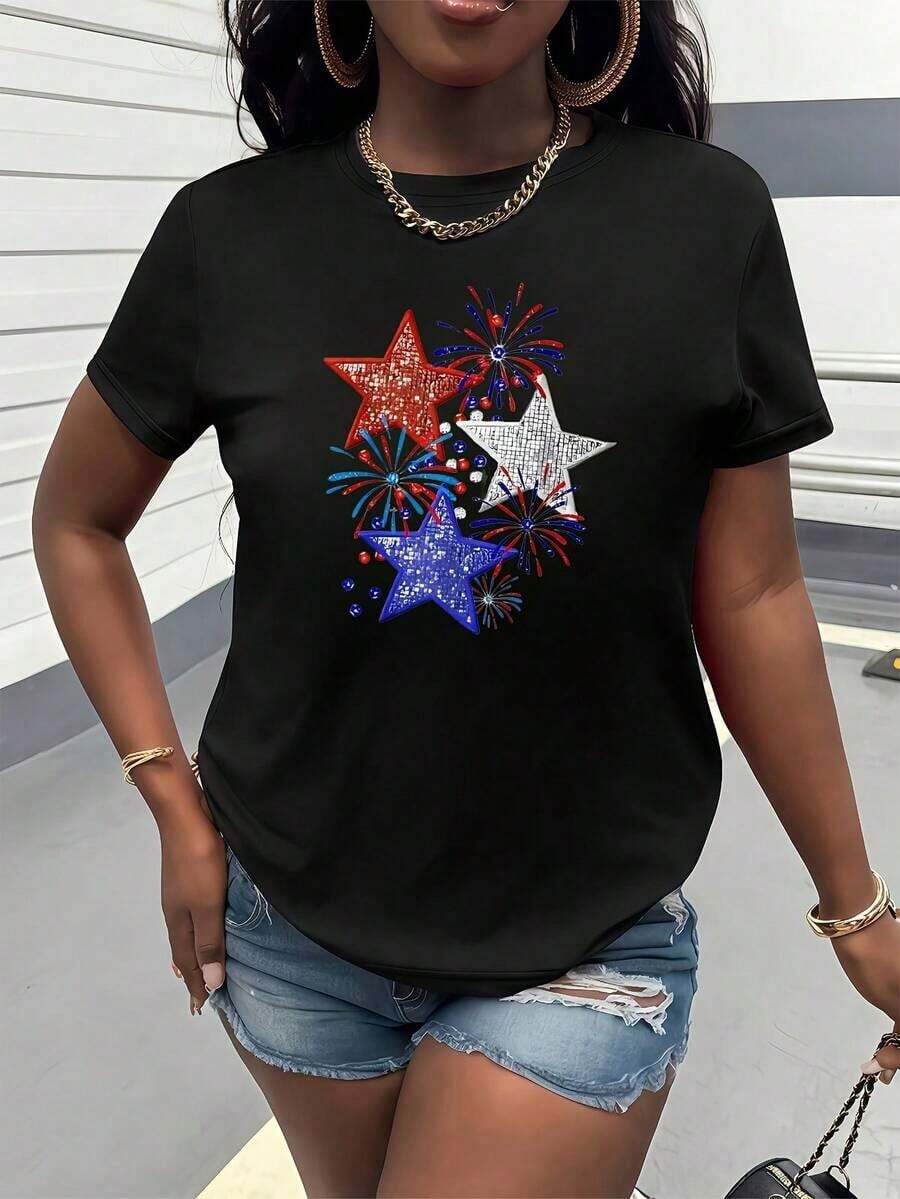 Camiseta holgada de verano transpirable, con estampado de la bandera estadounidense y fuegos artificiales, manga corta, cuello redondo, ropa para mujer. Con un diseño elegante, único y versátil, es perfecto para el uso diario informal, vacaciones, festivales y reuniones en el verano, y también puede ser un excelente regalo. - Negro - Ver 1