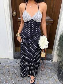 Vestido largo con estampado de lunares negros, encaje y parches, escote en V, cuello halter, espalda descubierta, cintura con lazo, para mujer, primavera/verano, elegante para vacaciones/citas/invitada de boda, uso diario minimalista - Azul marino - Ver 4