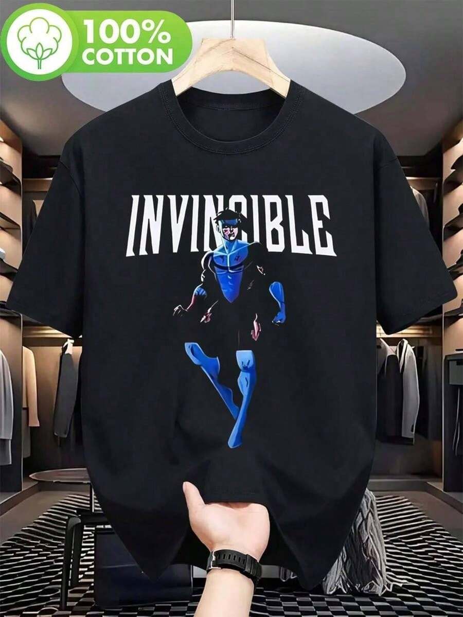 1 pcsCamiseta gráfica de Mark Grayson Invencible - Ropa oficial de superhéroe con letras INVISIBLES llamativas - Camiseta suave lavada para hombres y mujeres - Negra con superhéroe azul180g 100% Cotton - Negro - Ver 1