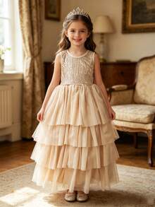 Girls Sequin Sleeveless Dress, Children's Princess Dress, Summer Wedding Party Cake Dress, Long Dress - Champagne - View 5