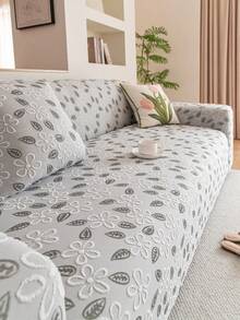 1pc Cationic Fabric Spring/Summer Fresh Floral & Plant Full Coverage Elastic Sofa Cover, Pet-Friendly All Season Use, Non-Fading Non-Deforming Stretch Design, Fits L-Shaped Sofa, Small Sofa, Sofa Set, Sofa Slipcover - Grey - View 5