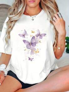Camiseta de algodón de manga corta para mujer, a la moda, talla grande, con estampado de mariposa morada, de manga corta, cuello redondo, para verano. - Negro - Ver 2
