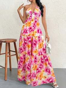 Vestido de gasa para mujer sin espalda con cuello halter y cola larga para vacaciones, bodas o festivales - Azul 2 - Ver 4