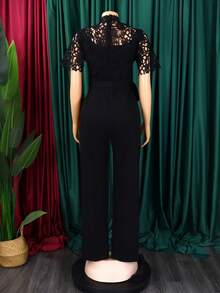New Women's Jumpsuit European American Style Hollow Lace Short Sleeve High Waist Lace-Up Wide Leg Sexy - 黑色 - 查看 2