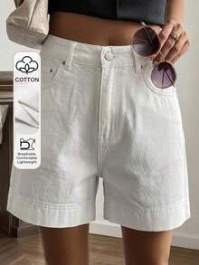 Women's White High Waist Casual Solid Color Denim Shorts, Summer - Marrón - Ver 6