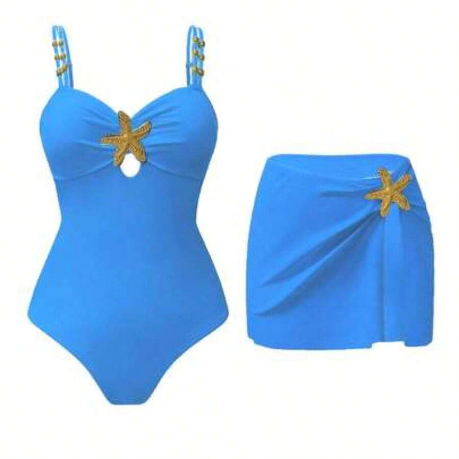 Swim Oasis 2pc Women's Cute Pentagram Decor Casual Vacation One-Piece Swimsuit Women's Swimwear Women's Swimsuits Tummy Control Women's Swimsuit 2 Pieces Pool Party Outfit For Women Swimsuit With Skirt - Neblina azul - Ver 1
