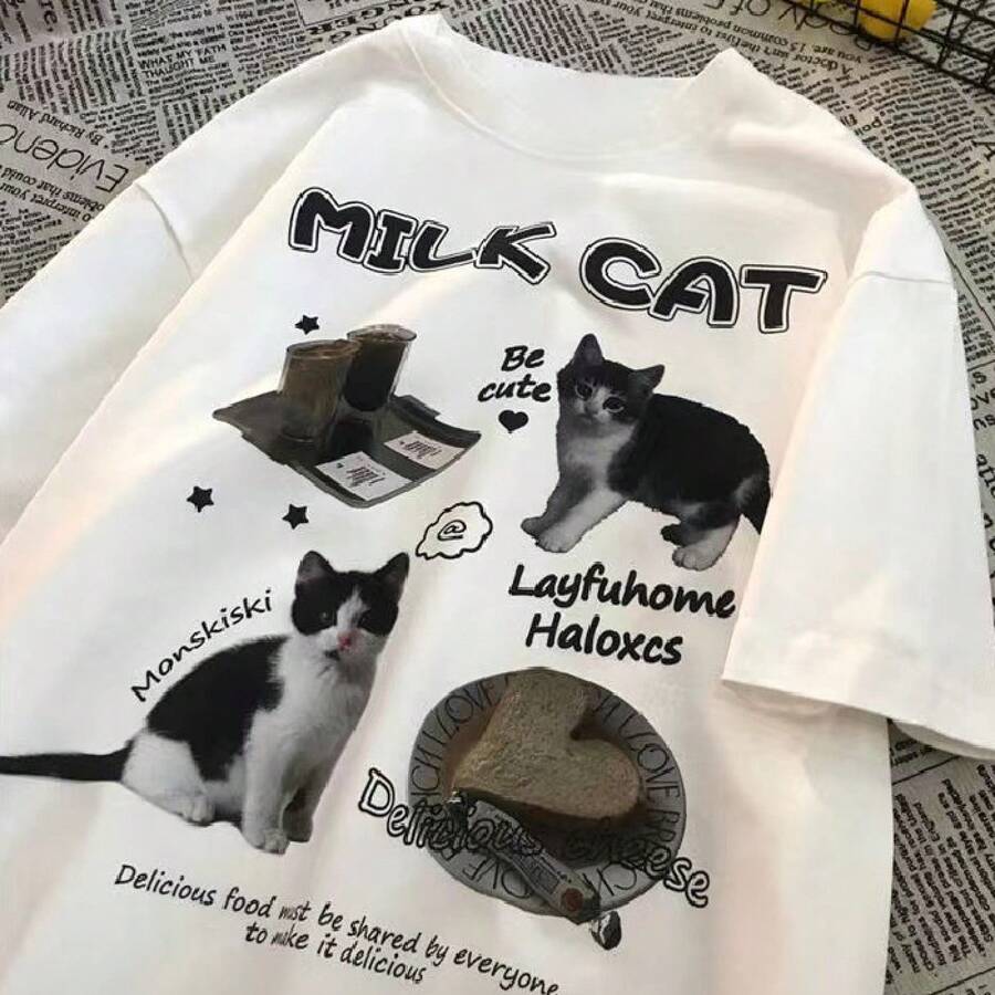 Camiseta de manga corta para mujer, de algodón puro, con diseño de gato al estilo americano, corte holgado, estilo para parejas, moderna y juvenil. - Blanco - Ver 1