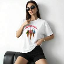 Top de verano para mujer, estilo americano, único, versátil, moderno, con estampado de helado, efecto adelgazante, de corte holgado, ideal para ir al trabajo. - Blanco - Ver 3