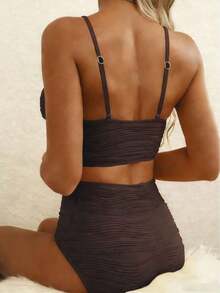 Conjunto de bikini de traje de baño de mujer con volantes, textura sólida y recortes huecos, separados, para vacaciones de playa en verano 2025 - Café integral - Ver 5