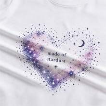 Camiseta blanca de mujer con estampado de luna y estrellas doradas, cuello redondo, manga corta, estilo casual "Stay Magical", top básico verano - Blanco - Ver 4