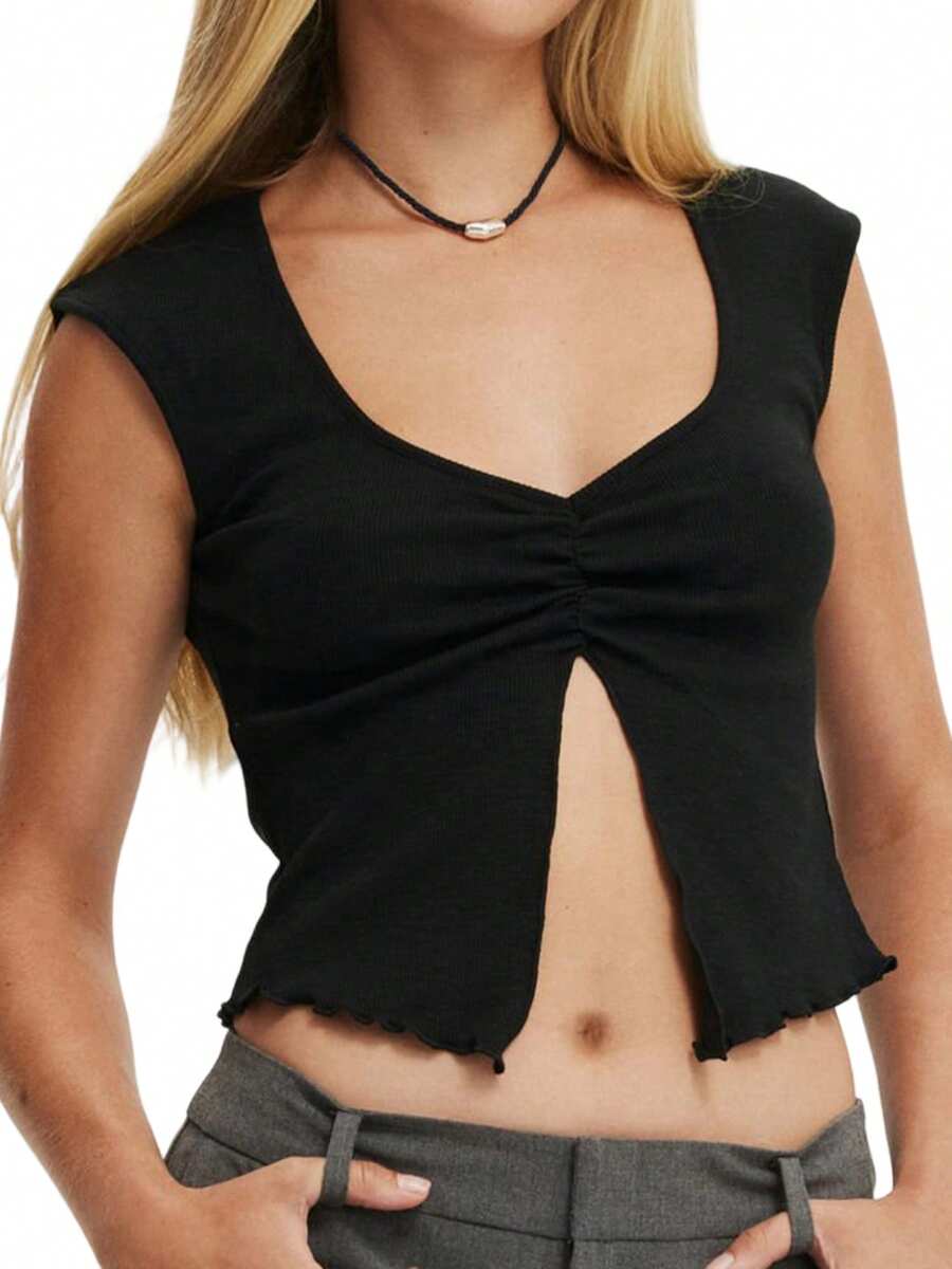 Women Tank Tops V Neck Sleeveless Ruched Slim Fit High Slit Hem Summer Cropped Vest Shirts - Black - View 1
