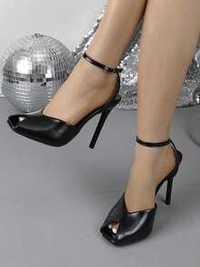 Square Toe High Heel Slip-On Sandals, Fashionable For Spring/Summer - Black - View 5