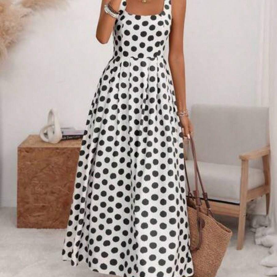 Women's U-Neck Wide Strap Cinched Waist Pleated Back Adjustable Elastic Flared A-Line Midi Dress, Romantic Big Polka Dot, Elegant French Retro Minimalist, Suitable For Office, Commute, Business, Casual, Beach, Spring/Summer - Blanco y Negro - Ver 1