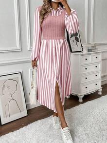 XHEPariaura 1 pieza Vestido camisa de manga larga informal para mujer con aspecto en capas, atuendo de mujer maxi de otoñoXHE - Rosa - Ver 6