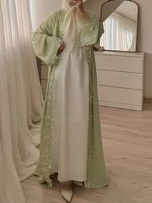 Hafizah Fresh Light Green Women's 3D Lace Trim Long Cardigan, Elegant Soft Commute Casual Versatile Long Robe - Light Green - View 2