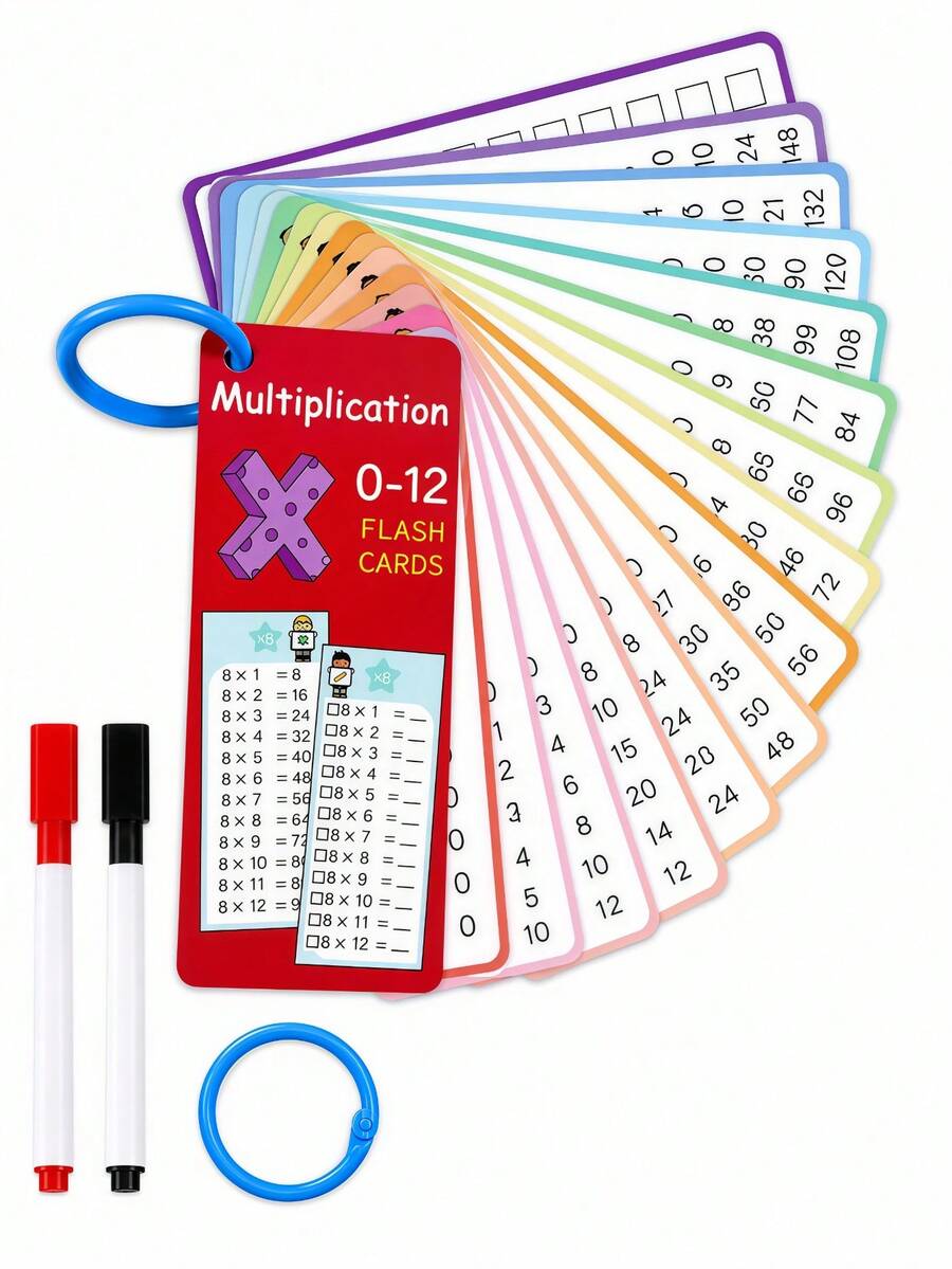 18 piezas Juego de práctica de matemáticas de borrado en seco, tarjetas de tabla de multiplicación, tarjetas flash de multiplicación reutilizables con 2 marcadores de borrado en seco, tarjetas sueltas de práctica de multiplicación - Herramientas de aprendizaje de matemáticas para el hogar y el aula