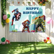 1pcs A Vengers Happy Birthday Backdrop Banner, C Aptain America Iron Man H Ulk Superhero Theme Party Decorations For Photo Booth, City Skyline Photography Background, Cake Table Decor, Outdoor Indoor Celebration Wall Banner, Backyard Party Photo Prop Supplies, School Event Poster Decor, Bedroom Wall Hanging Art - 多色-A - 查看 4