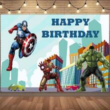 1pcs A Vengers Happy Birthday Backdrop Banner, C Aptain America Iron Man H Ulk Superhero Theme Party Decorations For Photo Booth, City Skyline Photography Background, Cake Table Decor, Outdoor Indoor Celebration Wall Banner, Backyard Party Photo Prop Supplies, School Event Poster Decor, Bedroom Wall Hanging Art - 多色-A - 查看 5