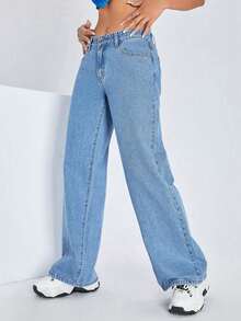 ICON Solid Color Wide Leg Pocket Jeans, Casual And Versatile - 中等水洗藍色 2 - 查看 7