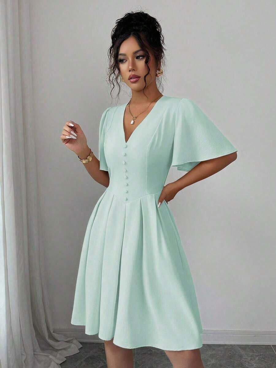 Vestido corto casual y elegante para mujer con cuello en V, mangas con volantes, botones decorativos en el bajo, cintura elástica, adecuado para primavera/verano, ir al trabajo, vacaciones, té de la tarde, fiestas - verde menta - Ver 1