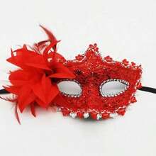 1pc Women's Sexy Red/Purple Lace Feather Rose Side Flower Mask - Can Be Used As Ball Party Decoration Accessory/Performance Prop/Photography Prop/Cosplay Prop,Halloween - Red - View 7