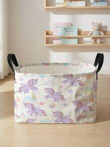 1pc Large Capacity Foldable Storage Box, Pony Pattern Printed Covered Storage Basket With Handle, Multipurpose Storage Container For Nursery, Bedroom, Baby Clothes, Underbed, Toys - Multicolor - View 2