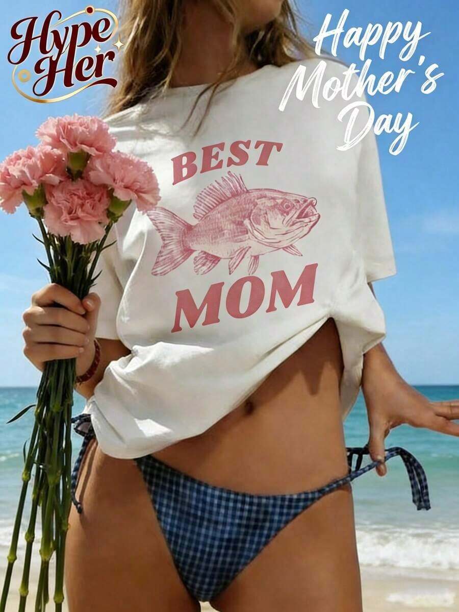 Best Seller 2026, Women's Short Sleeve Crew Neck Cotton T-Shirt With Kiss My Bass Fish Print, For Casual Or Office Wear, Modern Everyday Top, Summer Clothes For Women - 白色 5 - 查看 1
