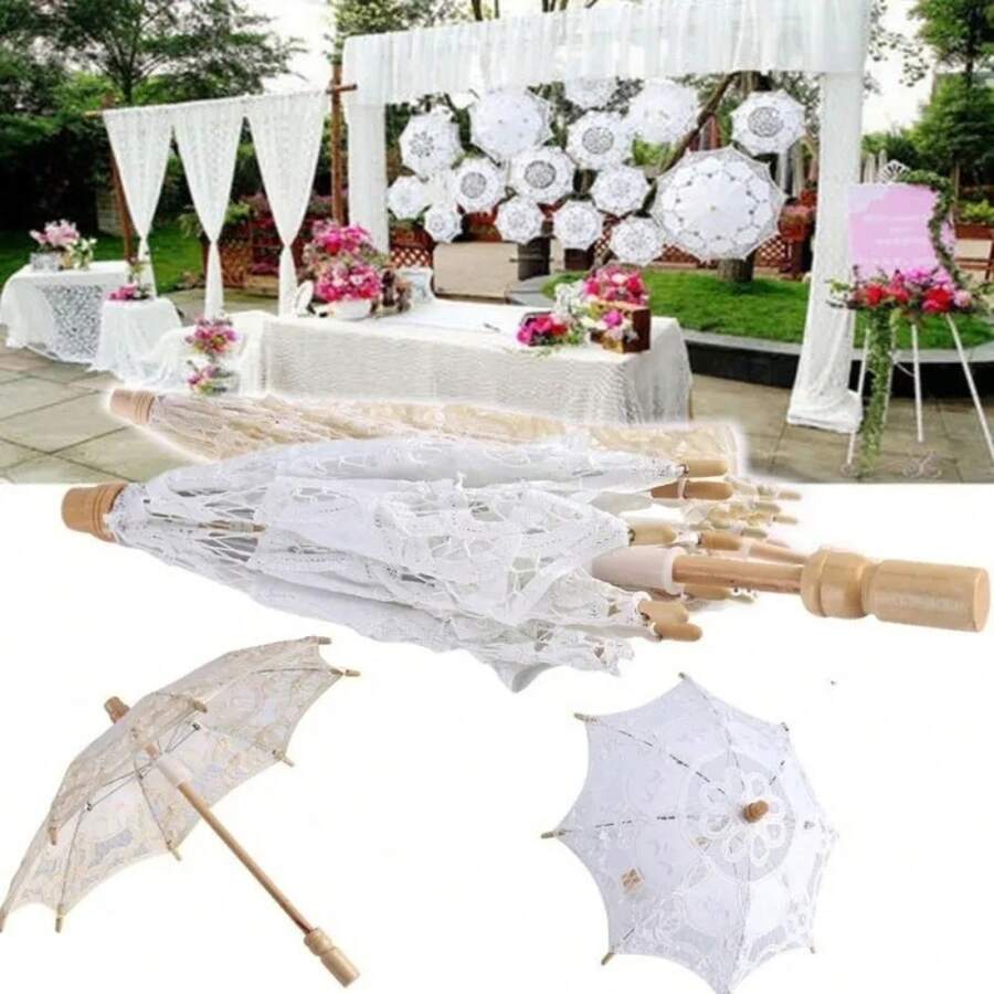 Sombrilla de Encaje Grande Vintage, Sombrilla de Encaje de Algodón Bordado, Sombrilla para Niñas, Sombrilla para Niños, Decoración para Bodas - blanco-65cm - Ver 1