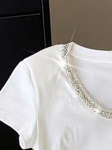 Camiseta de mujer de manga corta de cuello redondo y unicolor, minimalista y de moda para el verano - Blanco 2 - Ver 3