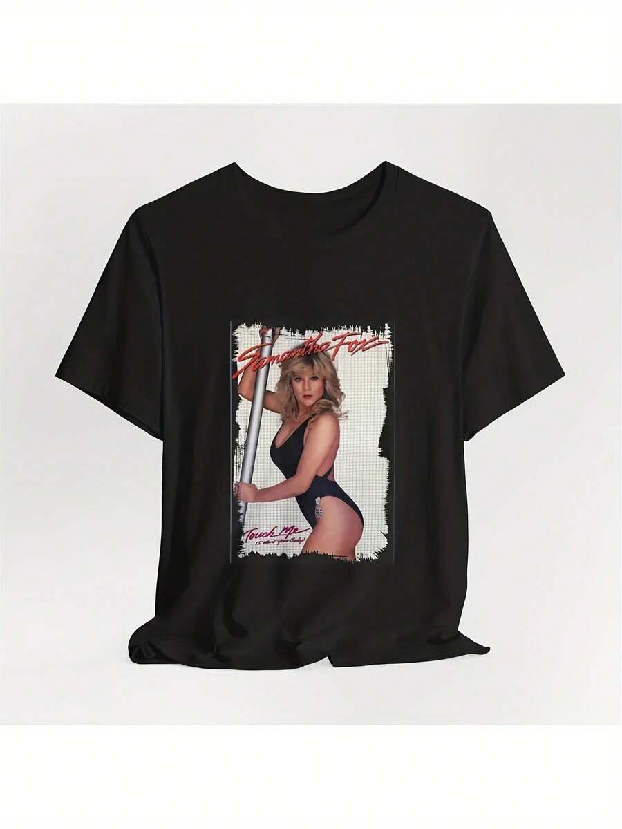 Camiseta de manga corta con cuello redondo para hombre y mujer, con estampado de Samantha Fox reteniendo las lágrimas, poses icónicas del videoclip musical y letras de canciones. Casual, cómoda y transpirable, para todas las estaciones. Uso diario asequible y regalo perfecto para fans y amigos. Estilo streetwear. Una camiseta de manga corta adecuada para el hogar, uso diario, fiestas y viajes, perfecta como regalo para amigos o familiares. - Negro - Ver 1