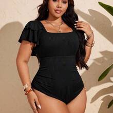 Swim Chicsea 2026 New Summer Beach Vacation Ruffled Petal Sleeve Plus Size One-Piece Swimsuit - Verde militar - Ver 5