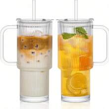 1个带把手和盖子的条纹玻璃杯，大容量冰咖啡杯，带吸管，现代可重复使用玻璃杯，适用于冷热饮品、冰沙和茶饮。 - 彩色 - 查看 2