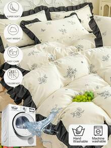 Cream-Colored Girly Ruffled Soft Brushed Floral Duvet Cover 3 Pieces Set (1 Duvet Cover + 2 Pillowcases, Comforter & Pillow Inserts Not Included), Bedding Set, Comfortable Soft Breathable Cozy Versatile, Machine Washable For All Seasons - White and Black - View 6