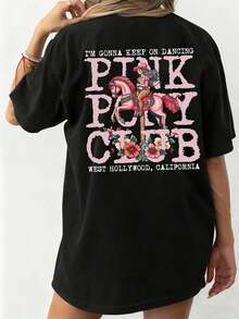 Primavera/Verano 2026, Nueva Camiseta de Mujer con Cuello Redondo, Estampado Floral y de Letras en Doble Cara, Moda Verano, Fresca, Manga Corta, Casual, Oversize, Hombros Caídos. - Negro - Ver 3