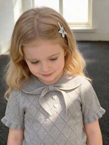 Kleine Mädchen Mode Strick Kurzarm Top, Schleifendesign, Lässiges Strick Kurzarm Top, vielseitig für den Alltag, Sommer - Grau - Übersicht 9