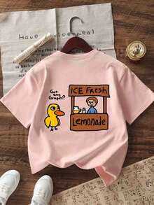 Tween Girl - Cartoon Print T-Shirt, Suitable For Girls' Daily Wear, Girls' Spring/Summer Casual Versatile Top - Pink - View 6
