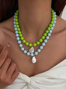 1pc Bohemian Style Geometric Colorful Acrylic Beaded Asymmetric Baroque Faux Pearl Pendant Charm Jewelry Necklace, Luxurious & Elegant, For Wedding, Banquet, Vacation, Party, Daily Casual, Street Style, Women, Couples, Holiday, Birthday, Versatile Necklace Gift - Necklace - View 7