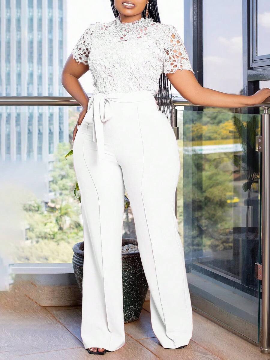 New Women's Jumpsuit European American Style Hollow Lace Short Sleeve High Waist Lace-Up Wide Leg Sexy - 白色 - 查看 1