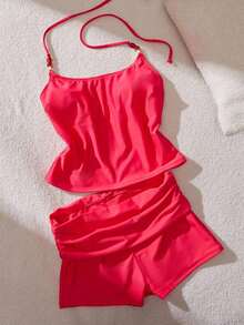 Conjunto de tankini de contraste de color para mujer/ropa de playa/casual/estilo Y2K/básico/vuelta al colegio vacaciones de verano - Rojo - Ver 11