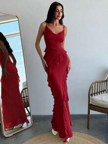 Vestido ceñido con tirantes finos, cuello drapeado y volantes para una cita romántica, para mujer.Vestidos de primavera/verano, regalo del Día de San Valentín, cita nocturna de San Valentín, "Sé mi Valentín", propuesta - Rojo - Ver 3