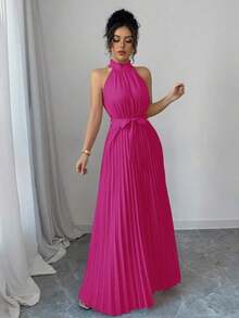 Vestido de línea A con cuello con volantes y cintura plisada, elegante y romántico para el Día de San Valentín - Rosa Fucsia - Ver 3