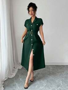 Vestido corto de verano para mujer con botones delanteros y mangas de murciélago - Verde Oscuro - Ver 12