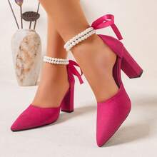 French Style Double-Layer Pearl Tie-Up High Heels, Velvet Pointed Toe Chunky Heel Pumps, Bridesmaid Wedding Shoes In Magenta - Pearl Rose Red - View 2