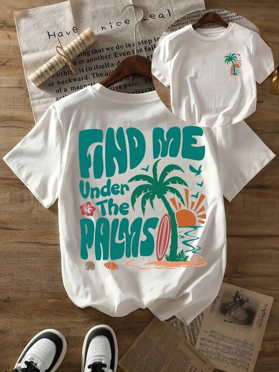 Camiseta de mujer con estampado tropical - Top con texto turquesa "Find Me er the Palms" - Camiseta esencial para vacaciones en la playa - Prenda casual de verano con elasticidad media - Ropa de mujer lavable a máquina, corte holgado, tela transpirable, top de manga corta - Camiseta unisex de algodón de manga corta y cuello redondo, estilo vintage urbano. - Blanco - Ver 1
